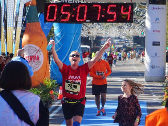 Victoria crossing the Málaga Marathon finishing line